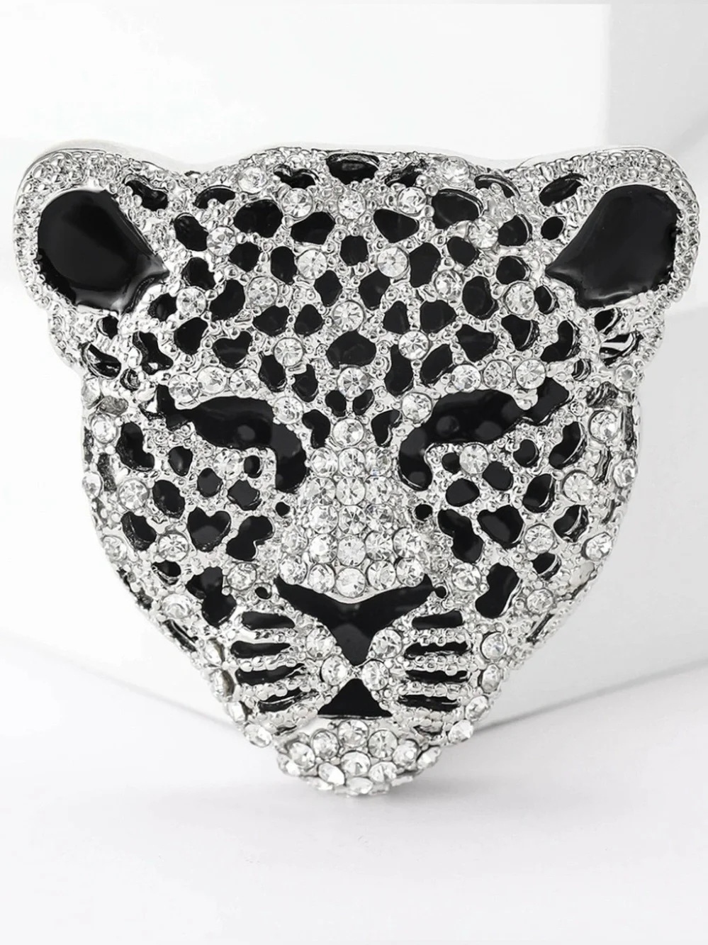 Silver Leopard Head Brooch Pin Black Enamel Rhinestone Big Cat Statement Jewelry